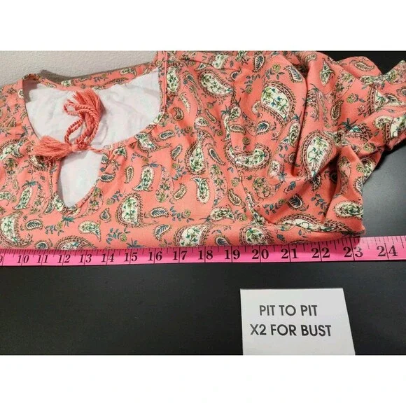 Belle Kim Gravel Womens XL Peach Blouse Paisley Stretchy Boho Cottage Peasant - Picture 12 of 14